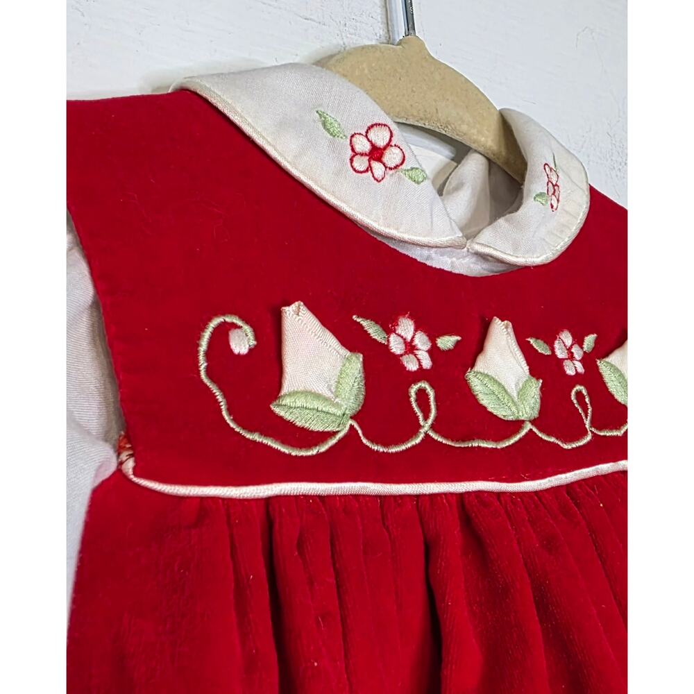 Vintage 80s Baby Togs Embroidered Pinafore Dress 6-9 Months‎ Red Velvet - Picture 2 of 5